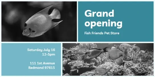 title Blue Modern Simple 111 1st Avenue
Redmond 97615 Saturday July 16
12-5pm Fish Friends Pet Store Grand
opening