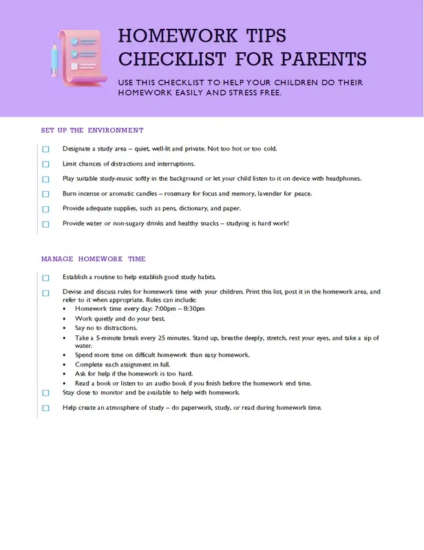 Homework tips checklist purple modern simple