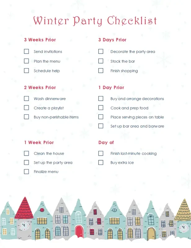 Winter holiday party checklist blue whimsical color block