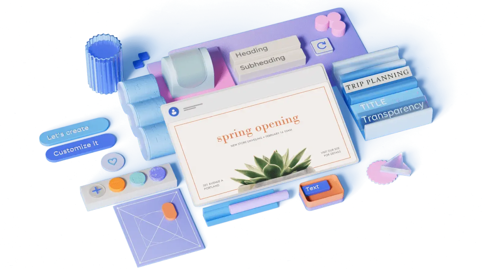 Spring grand opening template surrounded by 3D illustrated design elements
