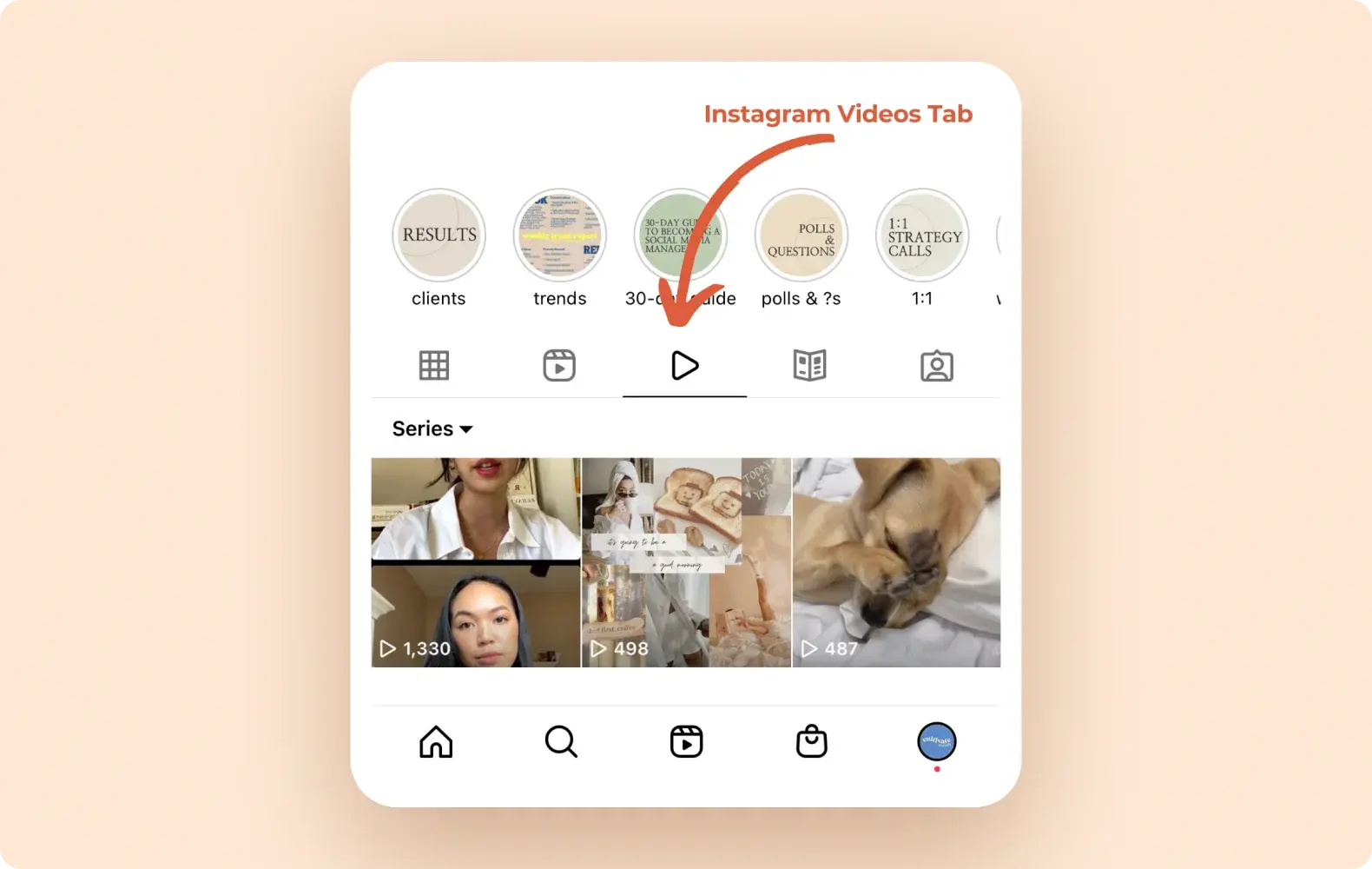 Information about where to find Instagram Videos on an Instagram home page.