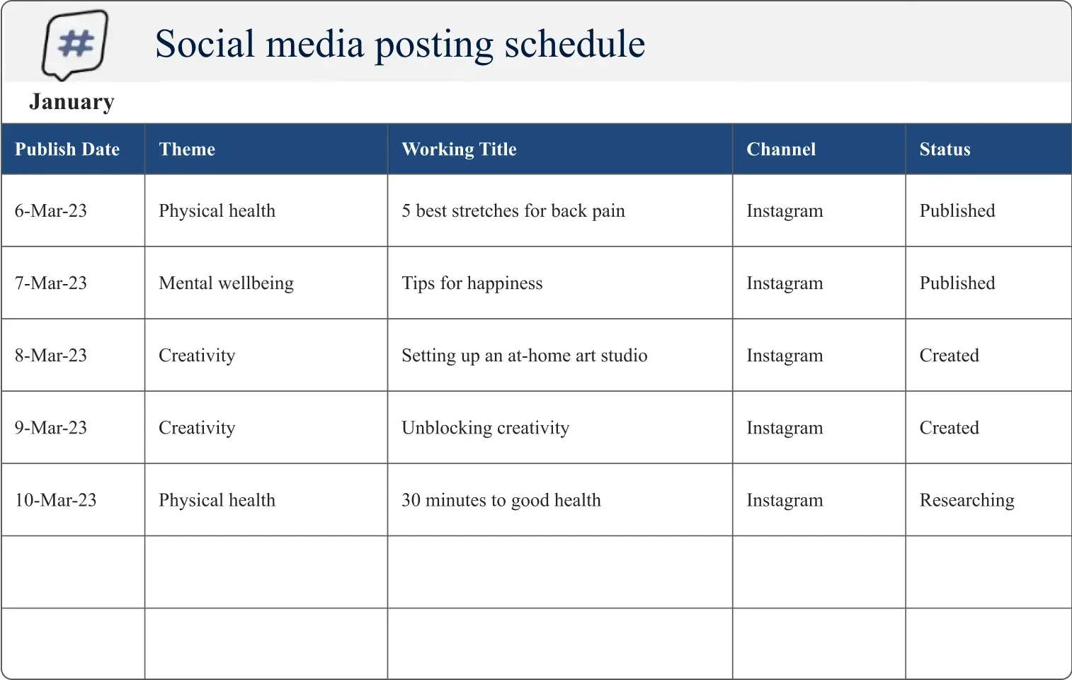 Example of a social media posting schedule based on a template from Microsoft Create.