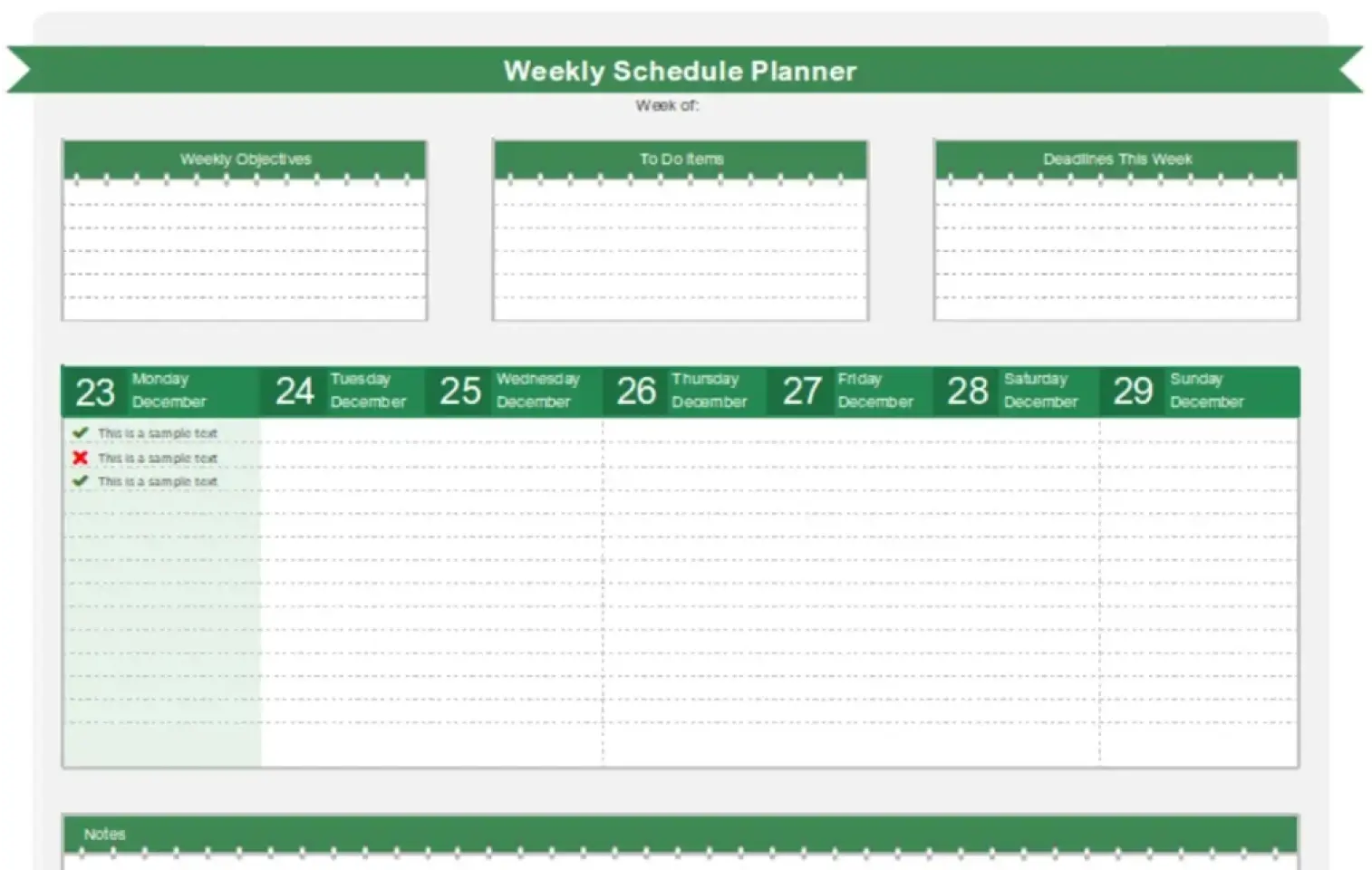 Example of a weekly schedule planning spreadsheet from Microsoft Create.