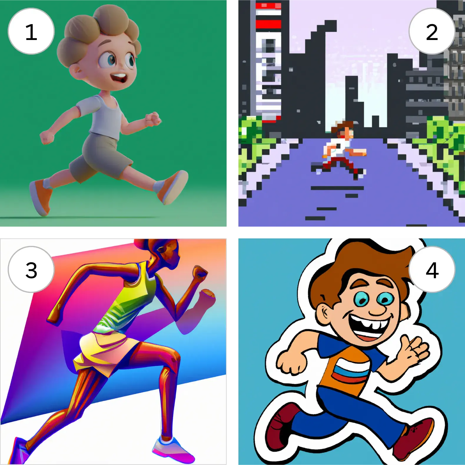 Four different images of people running, rendered in different digital styles.