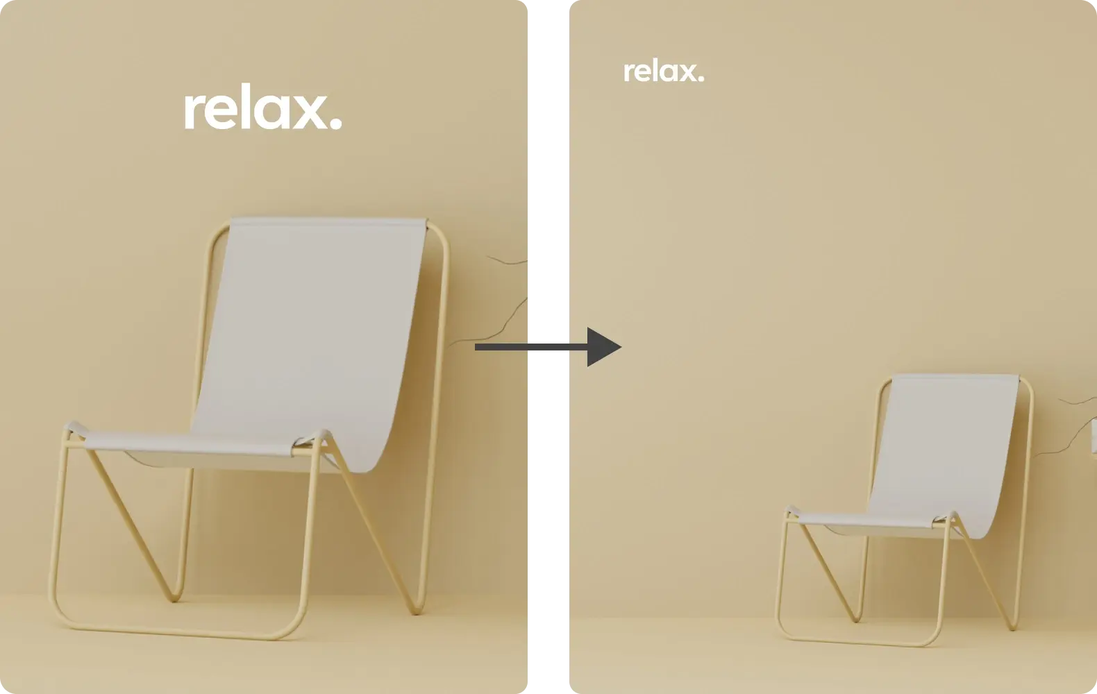 Side-by-side images of a chair in an image with the word "relax." The left image does not have much negative space. The right image has a lot of negative space around the chair.