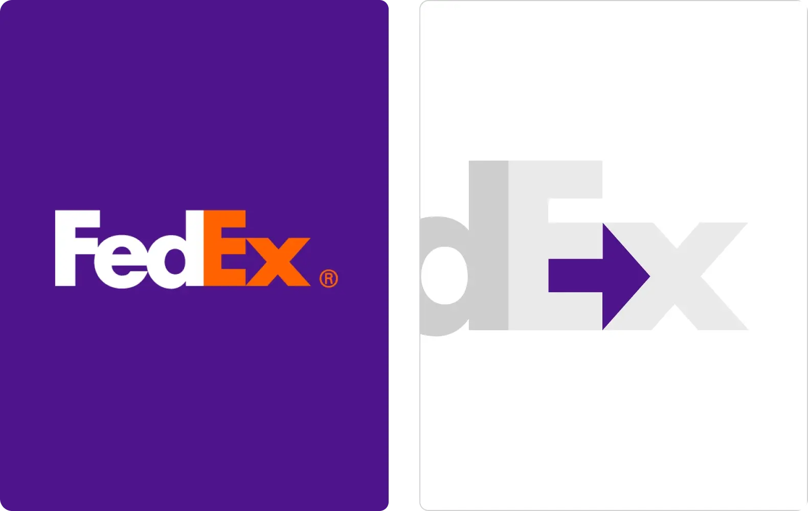 Side-by-side images of the FedEx logo. The image on the right makes use of empty space between E and X to show an arrow, indicating forward movement.