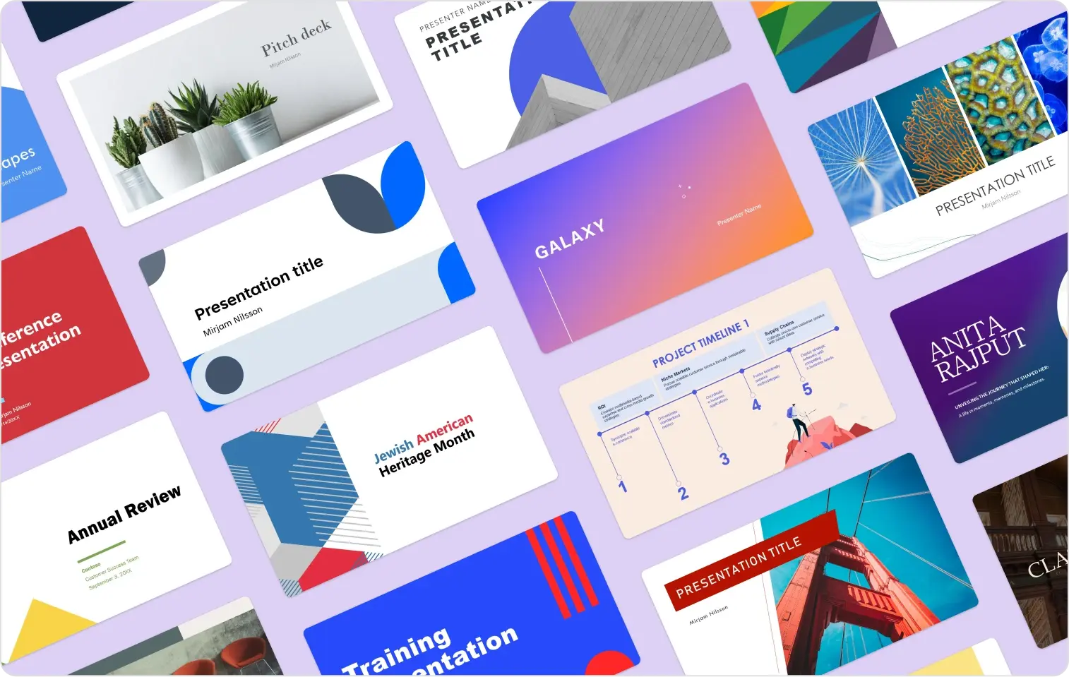 A collage of colorful PowerPoint designs organized into tidy rows 