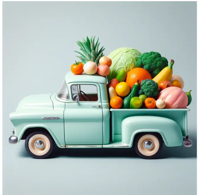 A photorealistic image of a vintage pastel pickup truck carrying fresh fruits and vegetables in its bed