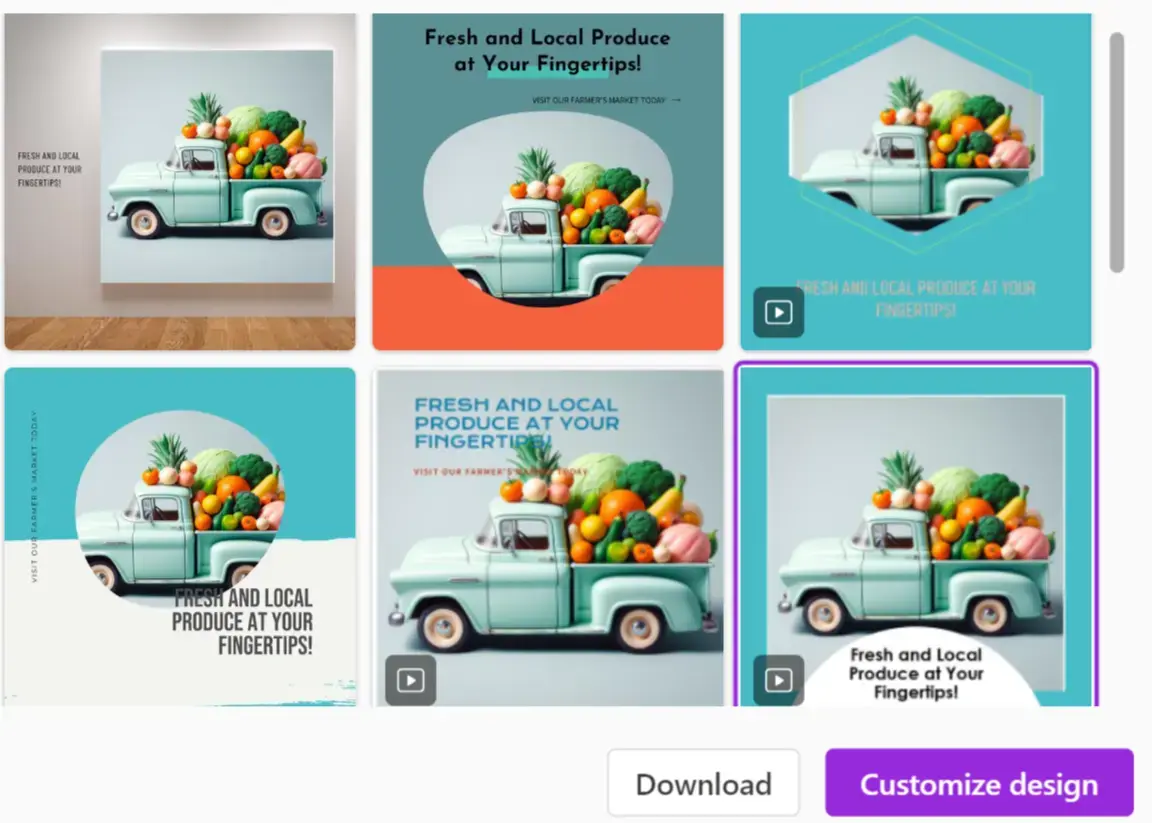 Various design examples for the prompt "A fresh and natural Instagram post promoting the latest offerings at a local farmer's market" 