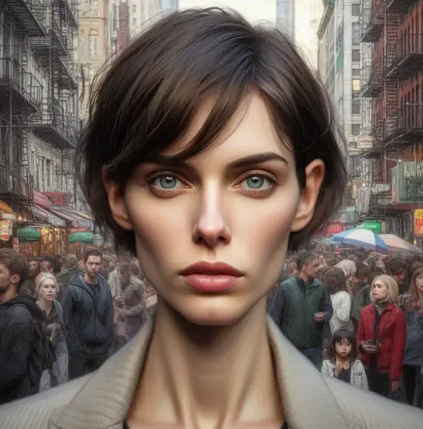 An illustrated woman stands on a busy street and stares at the camera, with people milling around behind her