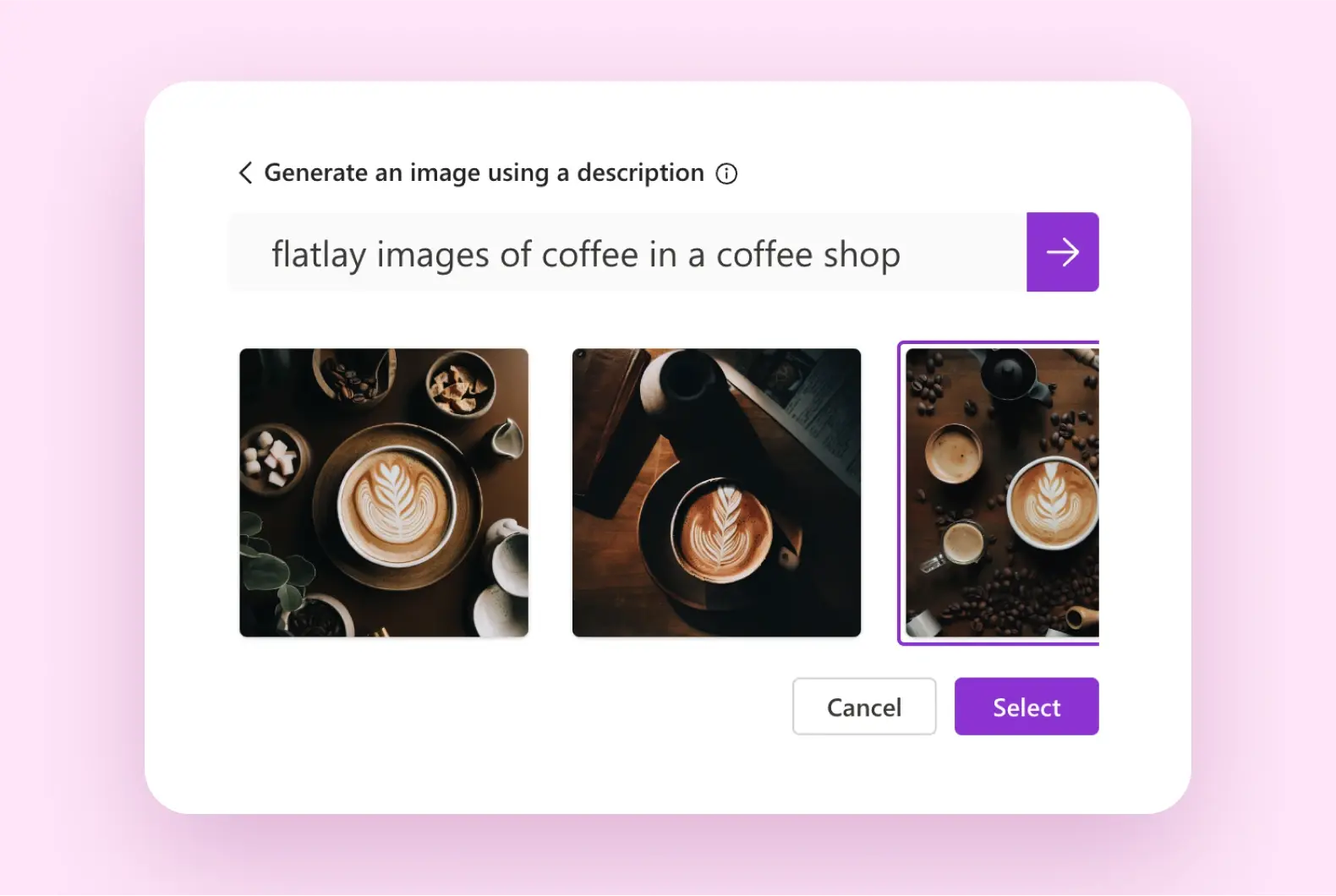 A visual showing the creation of a coffee-themed image using Microsoft Designer. 