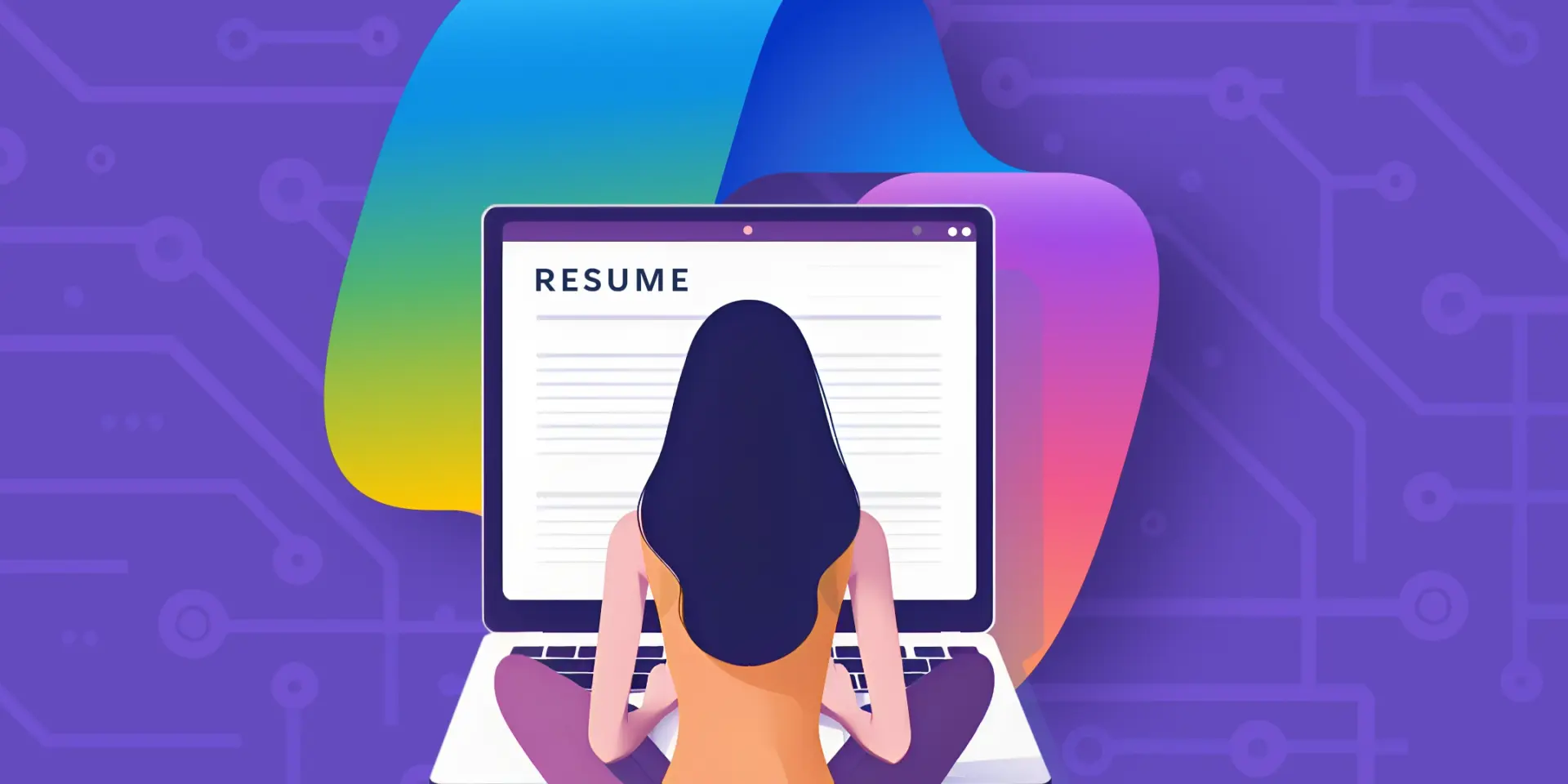 An illustrated graphic of a woman in front of a computer with her resume pulled up on the screen