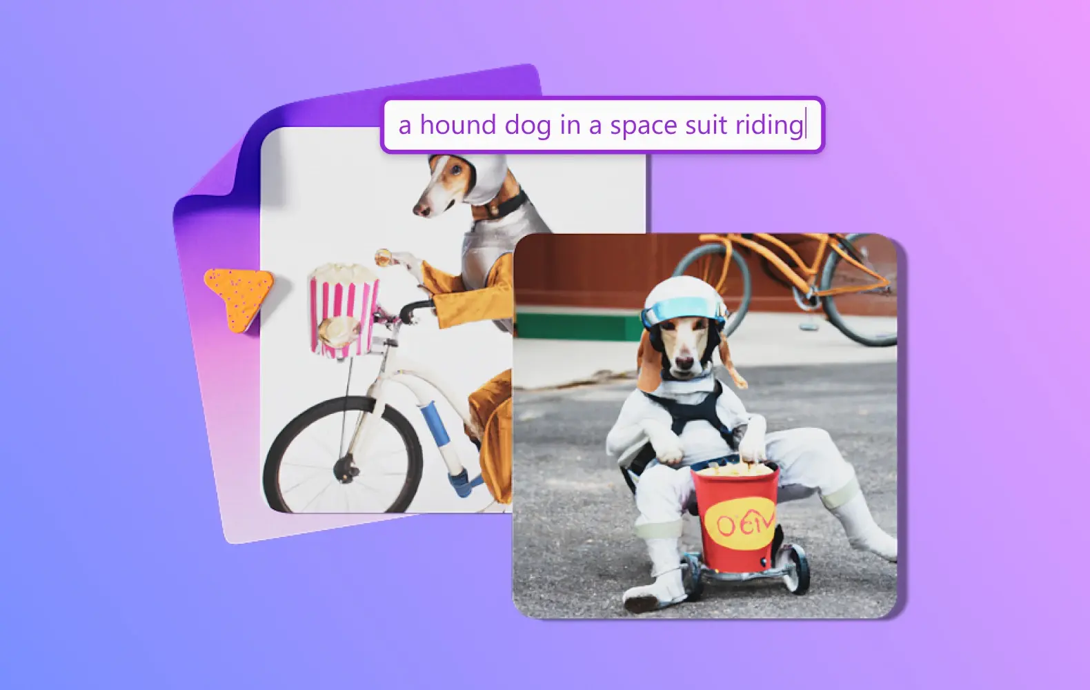 An image of a dog in a spacesuit riding a bike, created by DALL-E in Designer. 