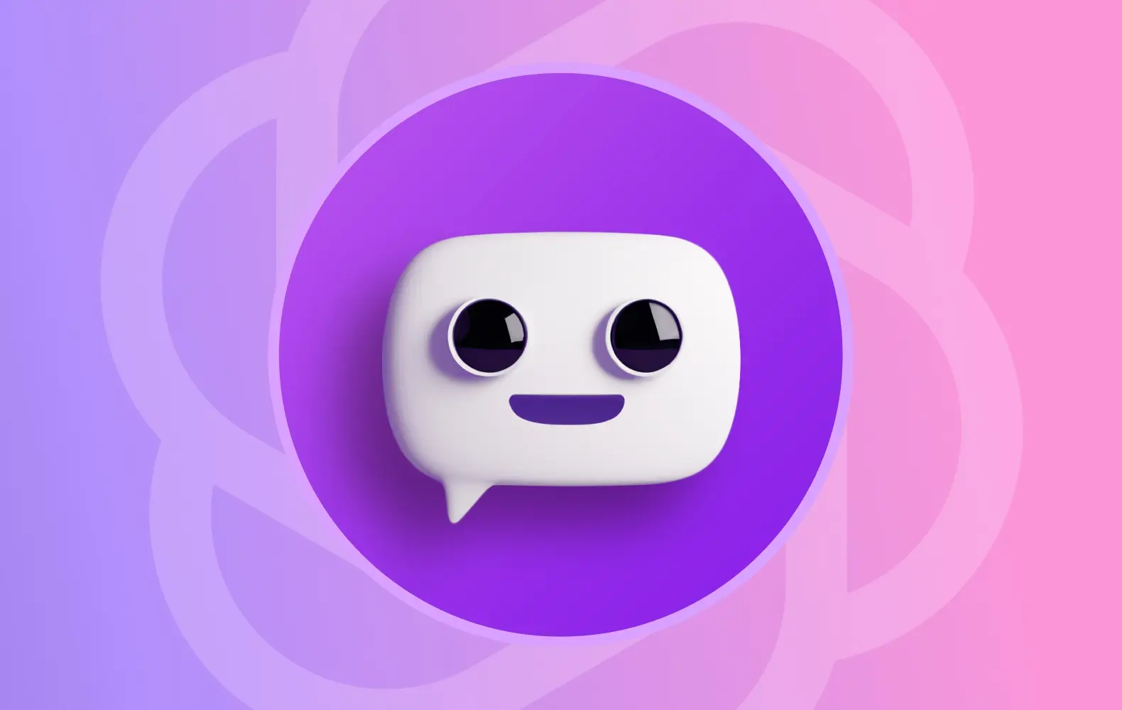 An image of a smiling 3D chat bubble, set on a purple and pink circular background. 