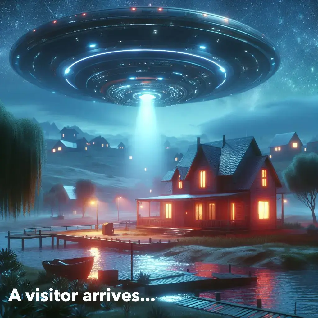 The spaceship image with the words "A visitor arrives" 