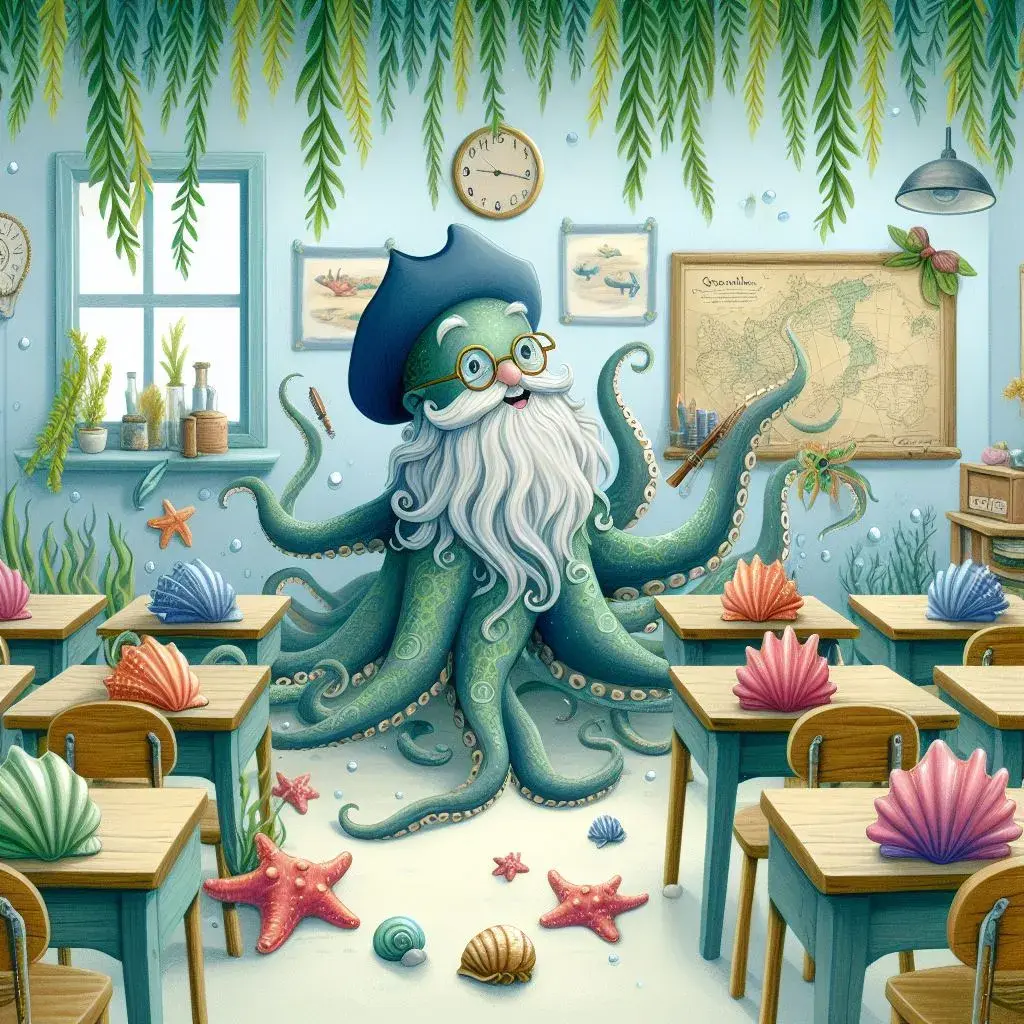 The results of the prompt "  https://designer.microsoft.com/image-creator?p=A+whimsical+classroom+%5Bin%2Funder%5D+%5Bthe+sea%5D.+The+teacher+is+a+wise+old+%5Boctopus%5D.+The+classroom+is+decorated+with+%5Bshell%5D+desks+and+%5Bseaweed+streamers%5D.+&referrer=PromptTemplate Edit Edit   Remove Remove       A whimsical classroom under the sea. The teacher is a wise old octopus. The classroom is decorated with shell desks and seaweed streamers." 