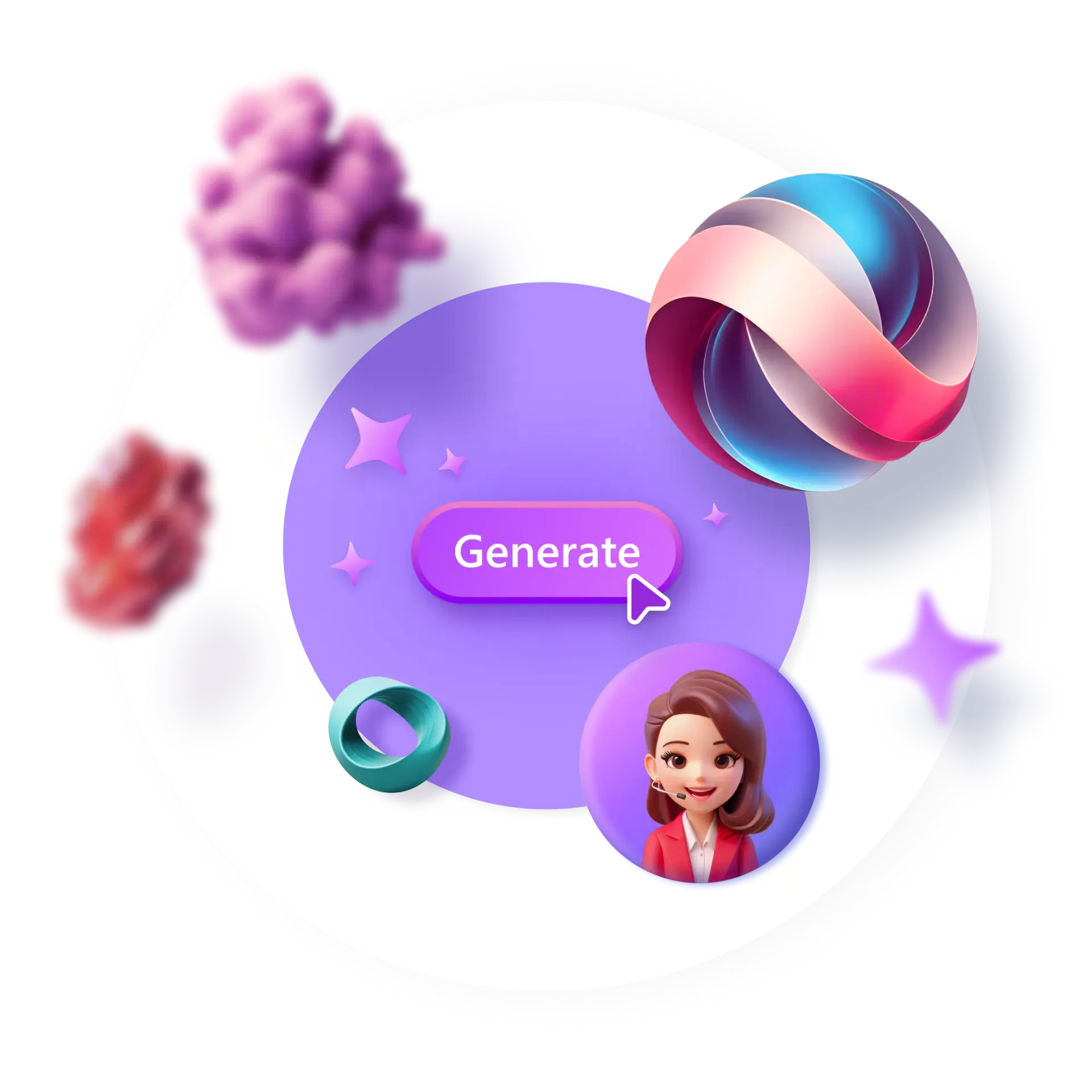 An image of a purple button with "Generate" on it, alongside colorful 3D graphical art renderings. 