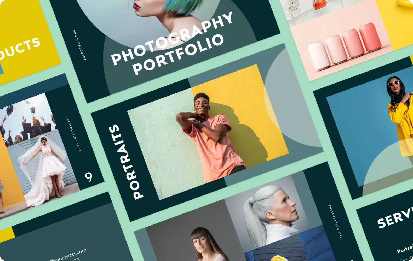 Images from a photography portfolio template for PowerPoint.