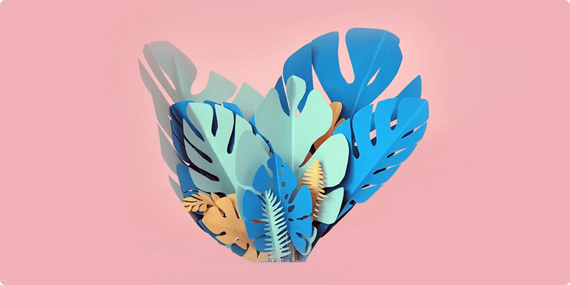 Decorative element with monstera leaves in shades of blue, burnt orange, and teal, set on a light pink background. 