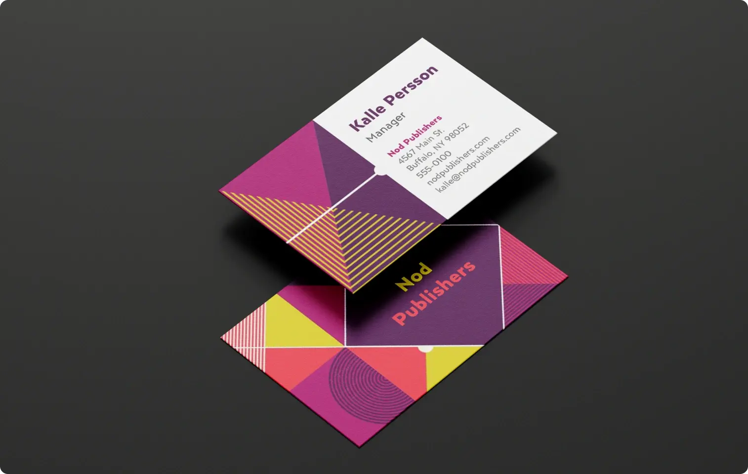 Business card with the business name prominently positioned. Themed in colors of purple, yellow, orange, and white. 