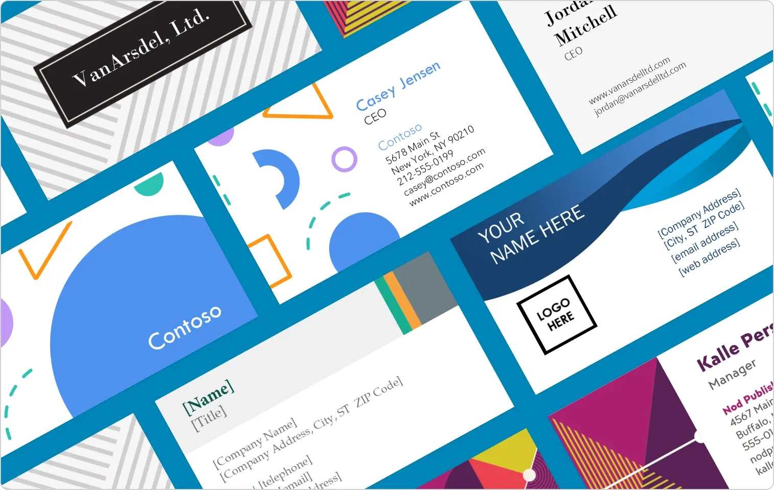 Thumbnails of business card templates available from Microsoft Create, set on a blue background. 