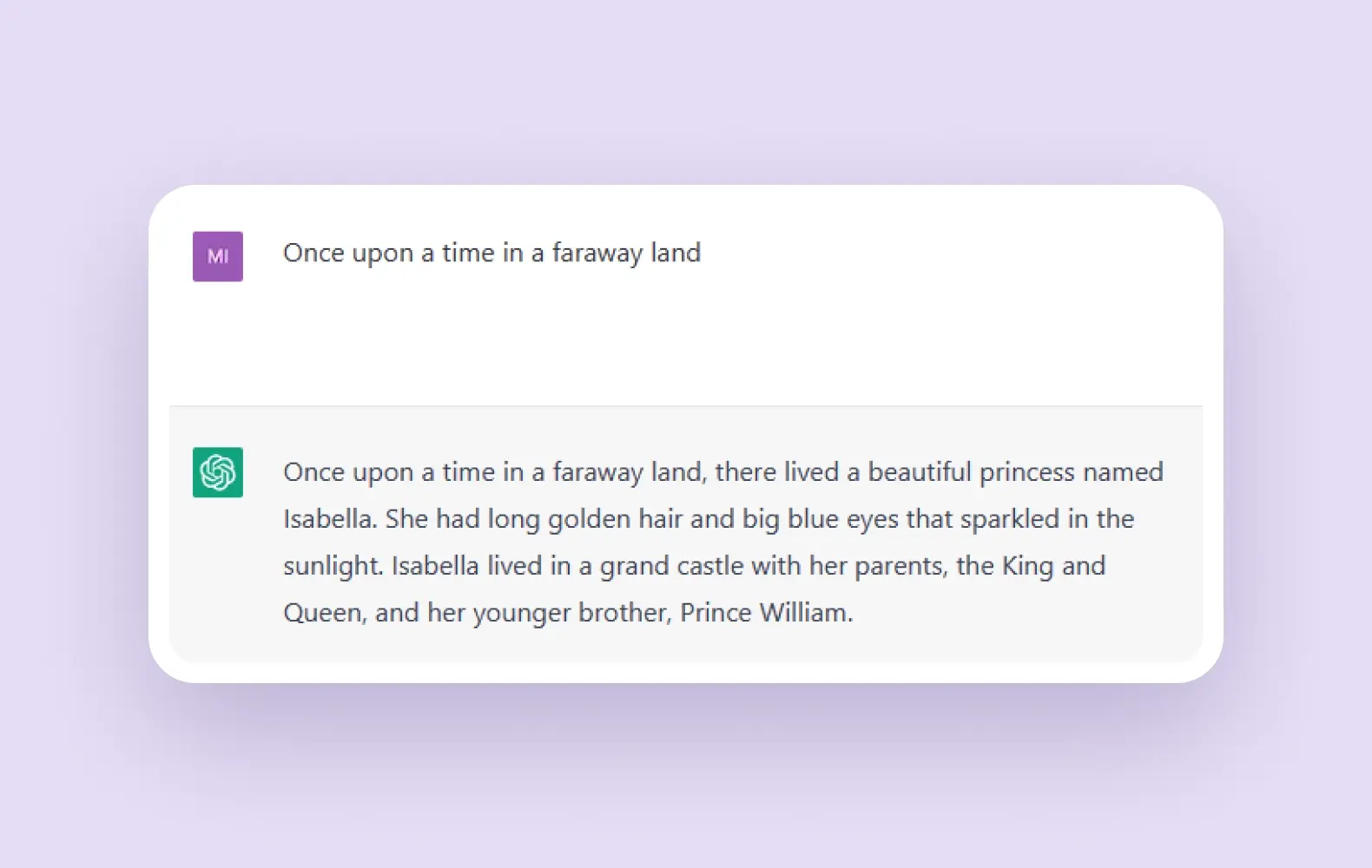 Example of a prompt for a fairytale followed by AI-generated text, based on the prompt.
