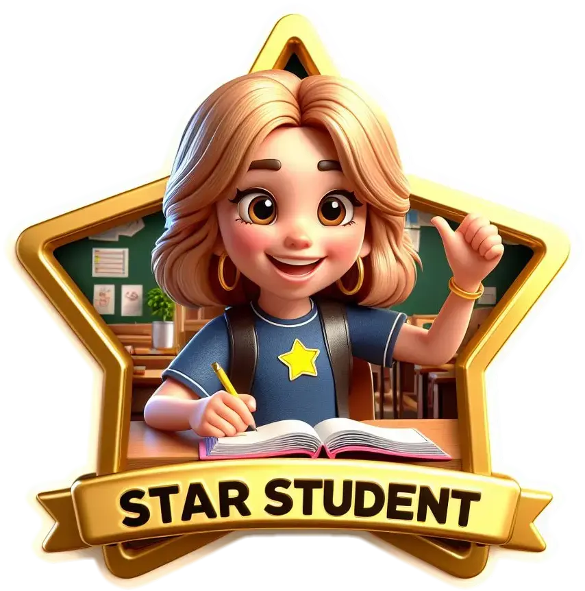 A vibrant sticker that says "Star student"