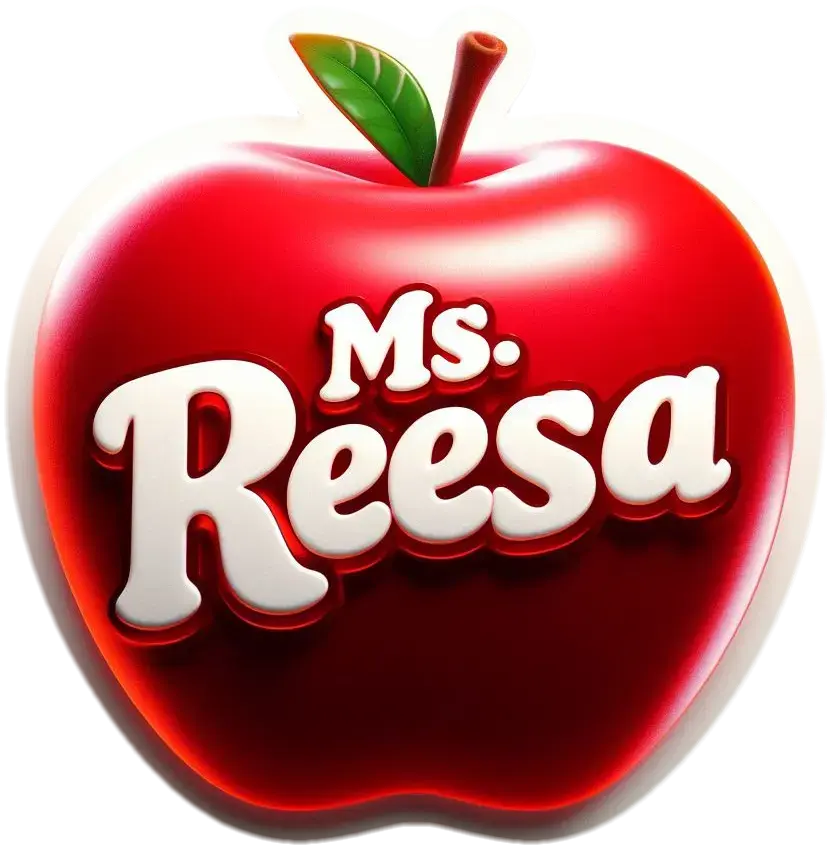 An apple sticker that says "Ms. Reesa" 