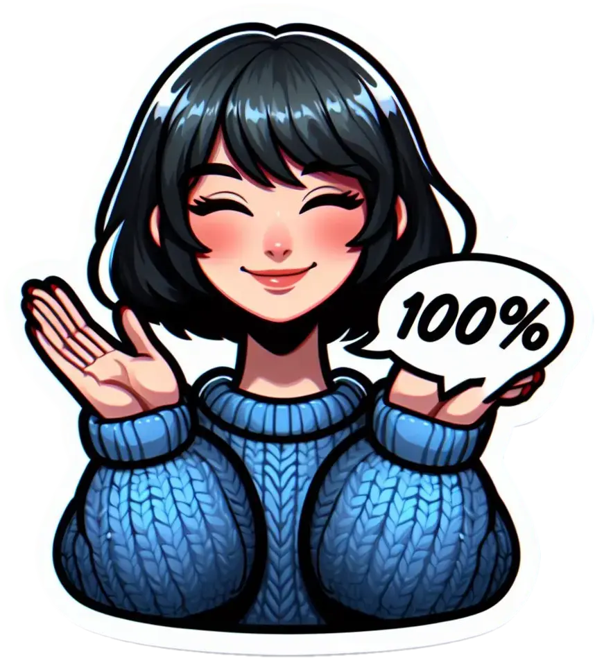A "100%" sticker with a woman clapping her hands