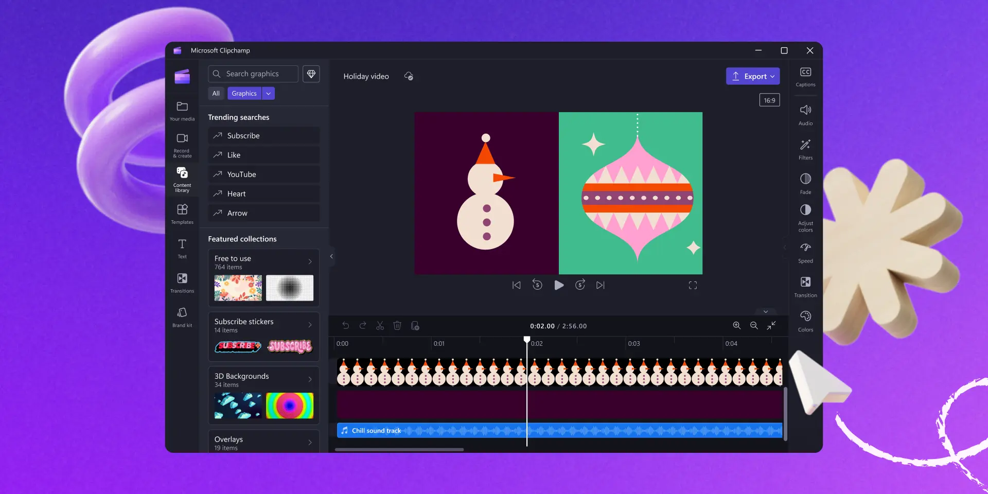 An image of Clipchamp's video editing screen with snowman and ornament templates being edited. 