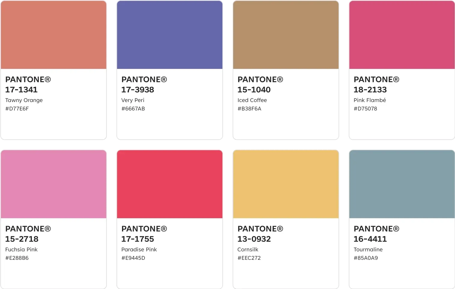 Swatches of Pantone colors showing a color palette created around the Pantone color of the year 2022, Very Peri.