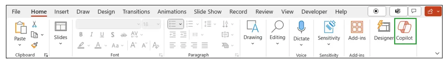 A screenshot of where you can find Copilot in PowerPoint