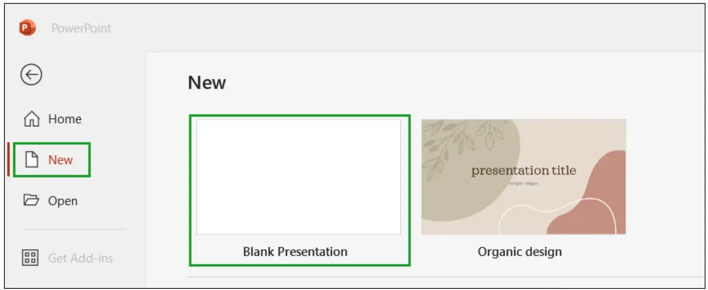 A screenshot of what it looks when you select "Create a new presentation" in PowerPoint