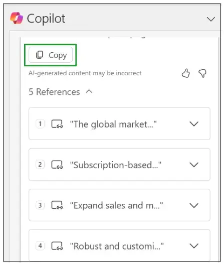 A screenshot of the button that lets you copy Copilot's summary
