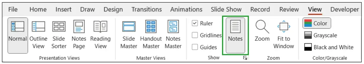 A screenshot of where Notes lives on the PowerPoint ribbon