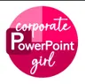 a dark pink colored circle logo with corporate powerpoint girl in the center of it