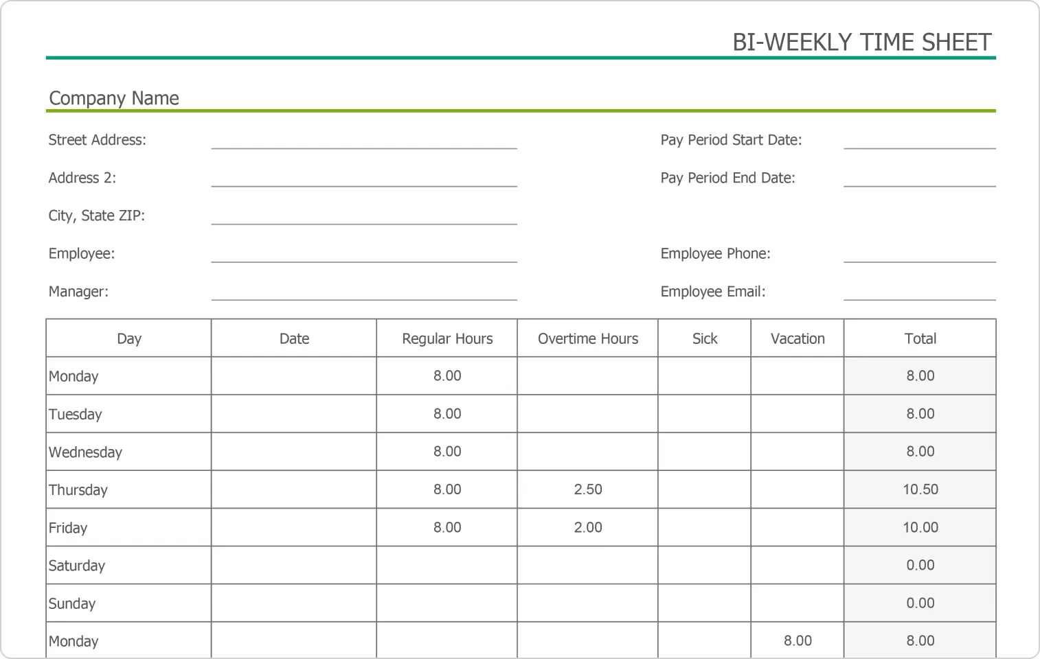 A screenshot of what the completed time sheet will look like. It features form fields where people can enter basic information like name and pay period, and a table with the days of the week and hours logged.