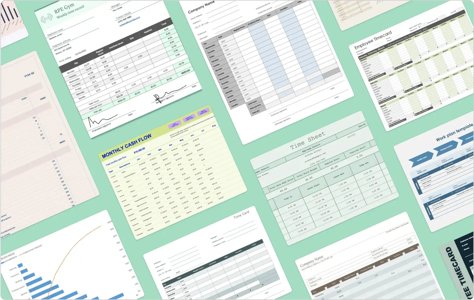 Examples of different timesheet templates, organized into tidy rows on a light green backdrop 