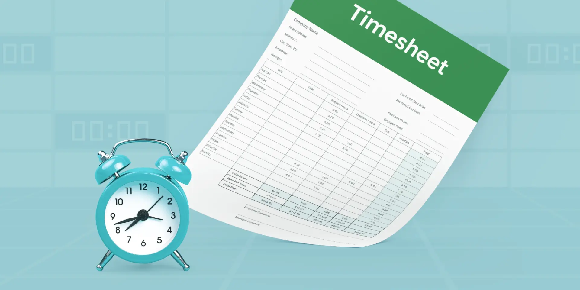 An aqua blue alarm clock sits in front of an example timesheet on a clean aqua-colored background