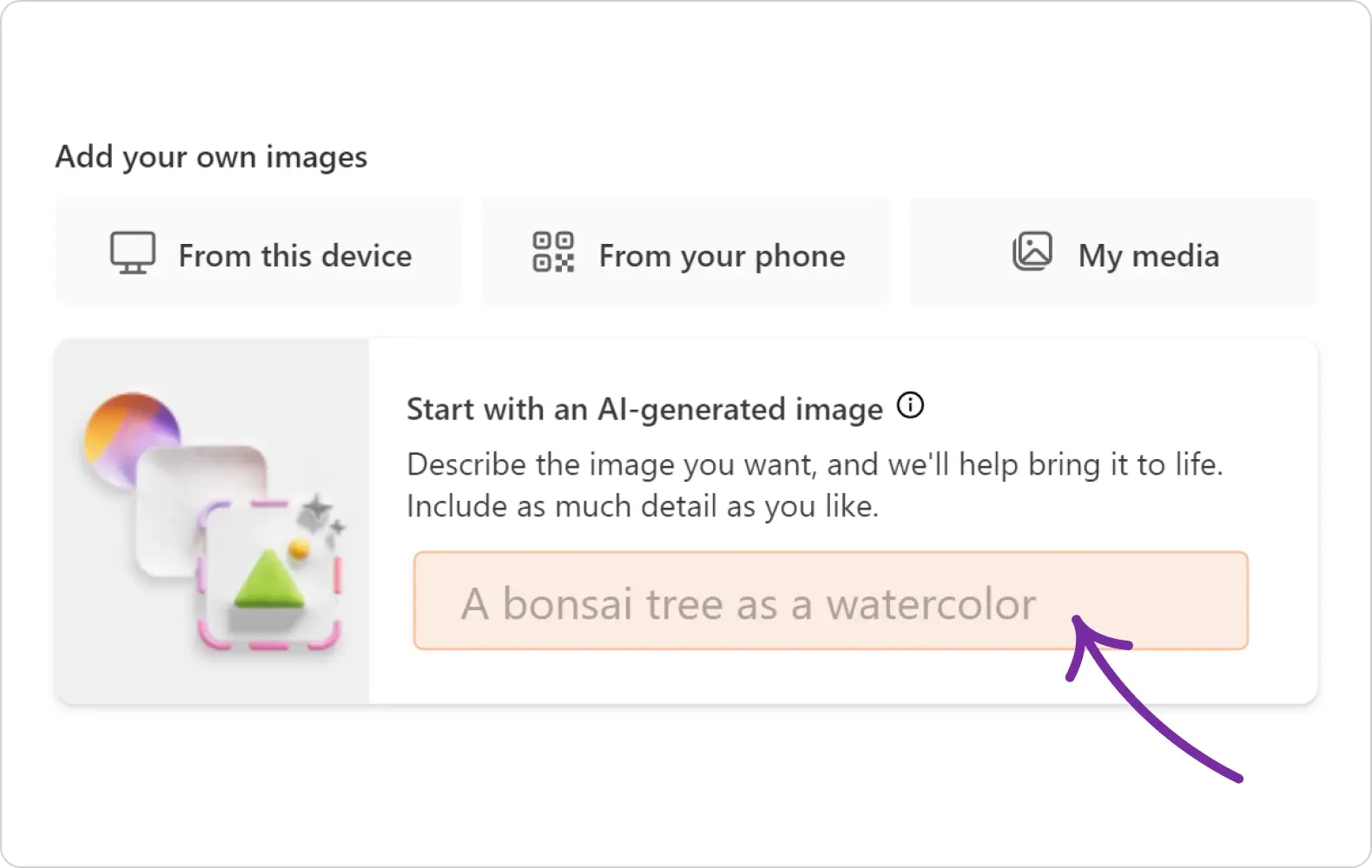 Capture d’écran de la zone de texte de création d’image dans Microsoft Designer avec une flèche pointant vers l’emplacement à taper.