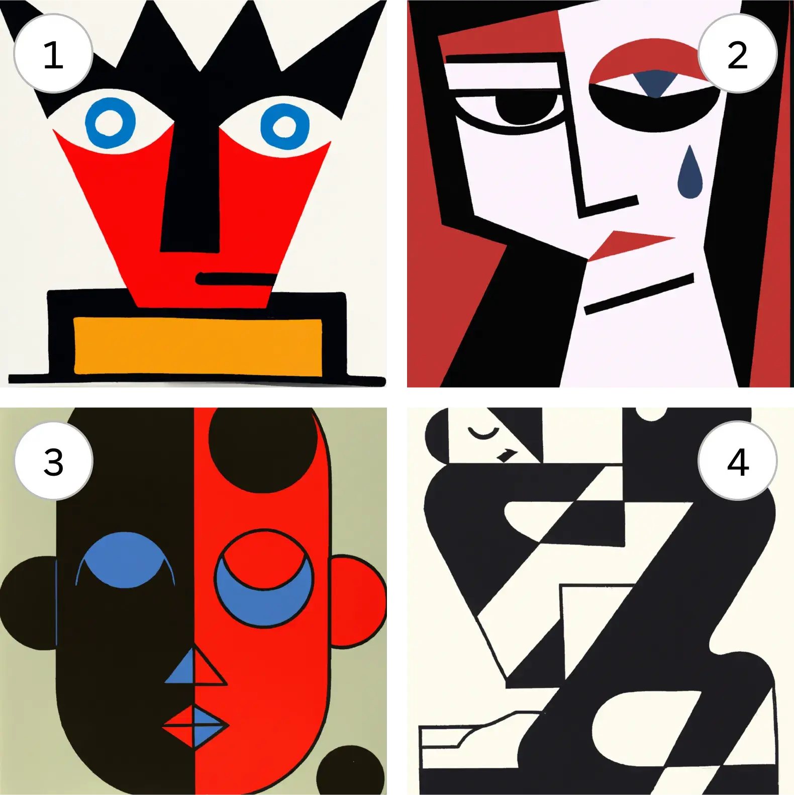 Quatre images différentes dans le style Bauhaus, créées à l’aide de légères variations sur la même invite de texte.