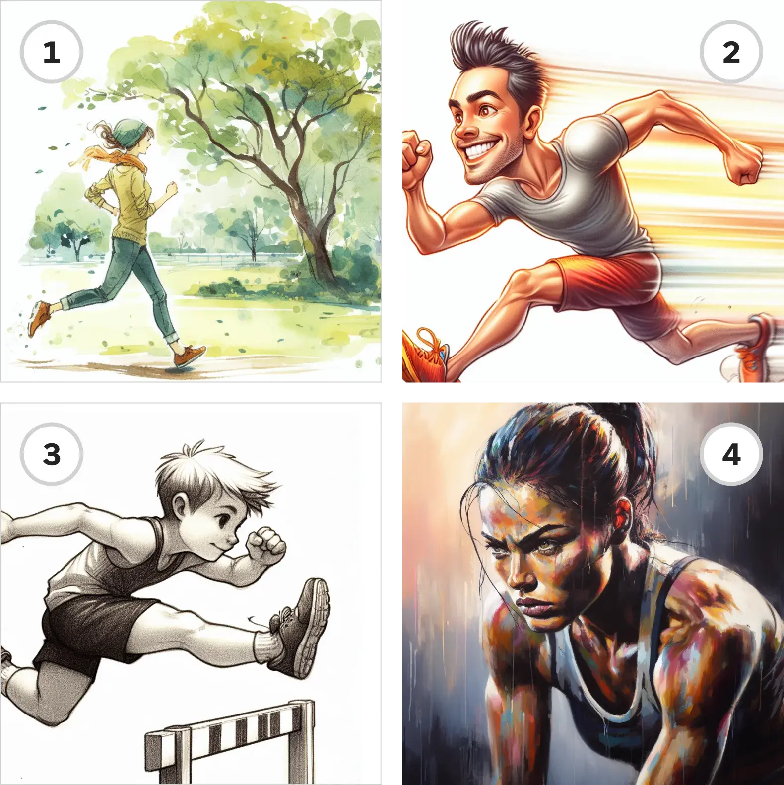 Four different images of athletes displayed in different art mediums: watercolor, airbrush, pencil, and acrylic. 