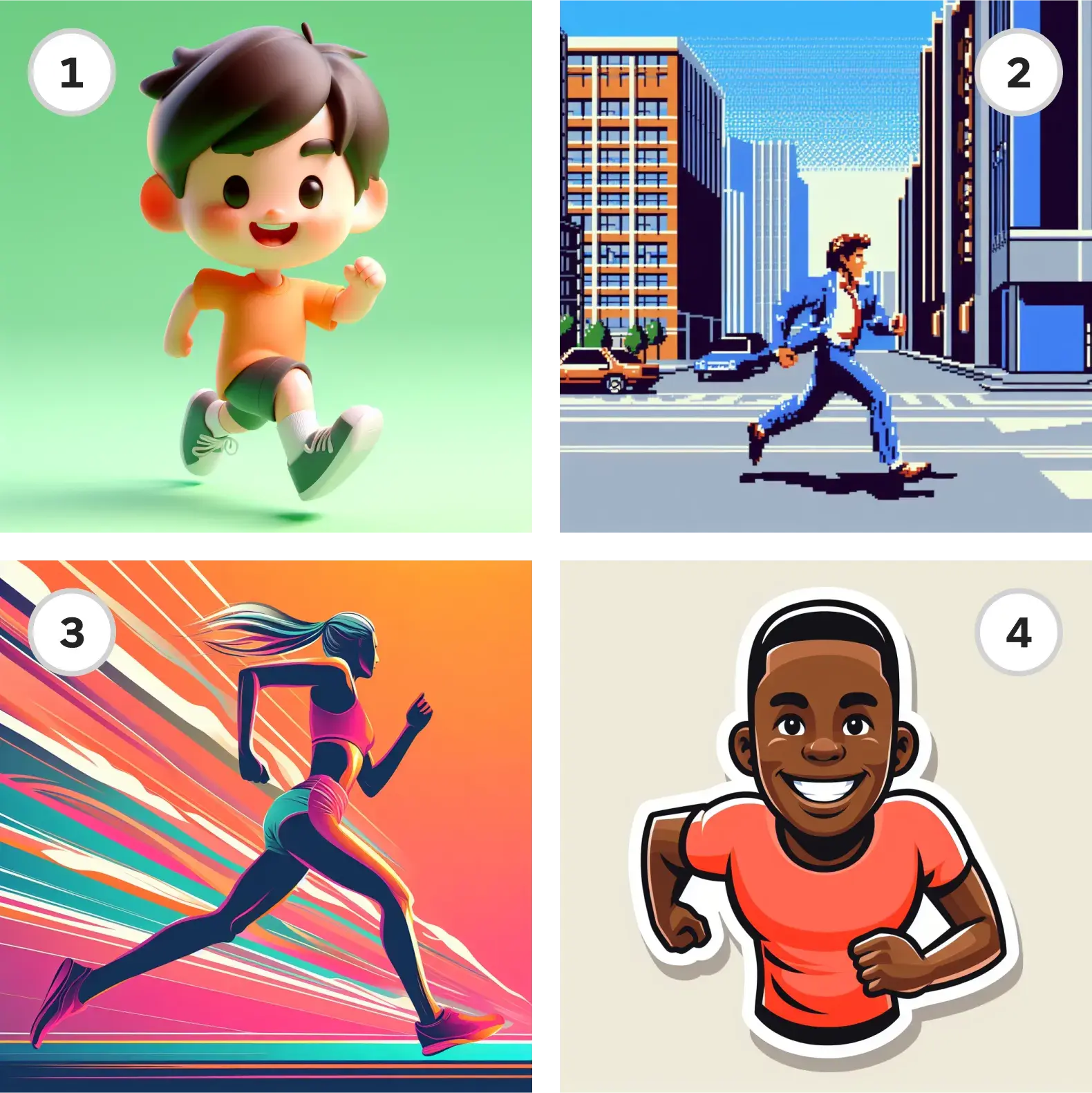 Four different images of people running, rendered in different digital styles.