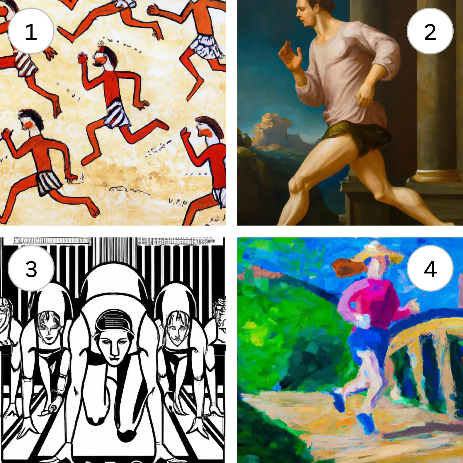 Four different images of people running, rendered in different artistic styles.