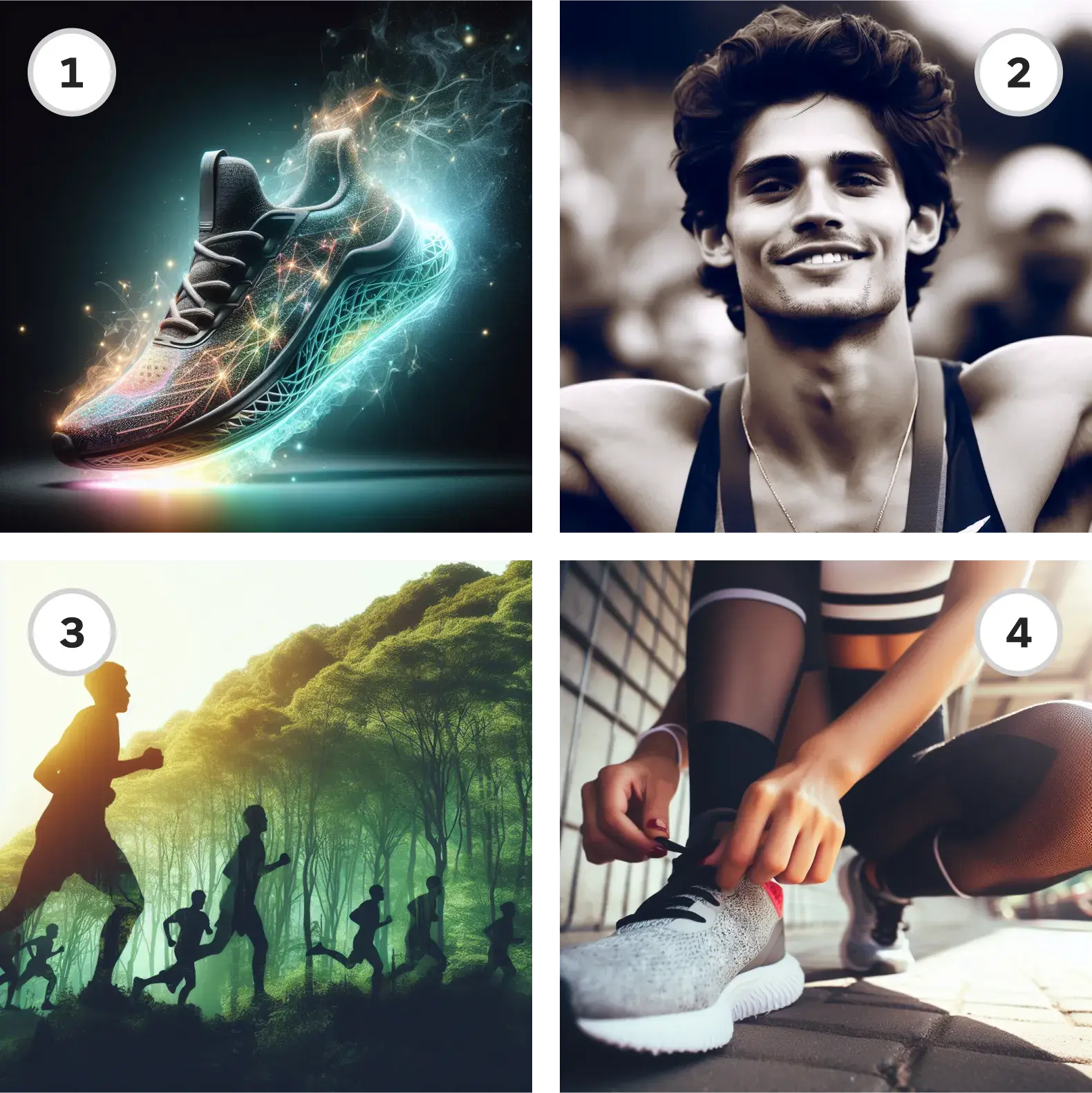 Four different images of runners using text prompts for different photography styles.