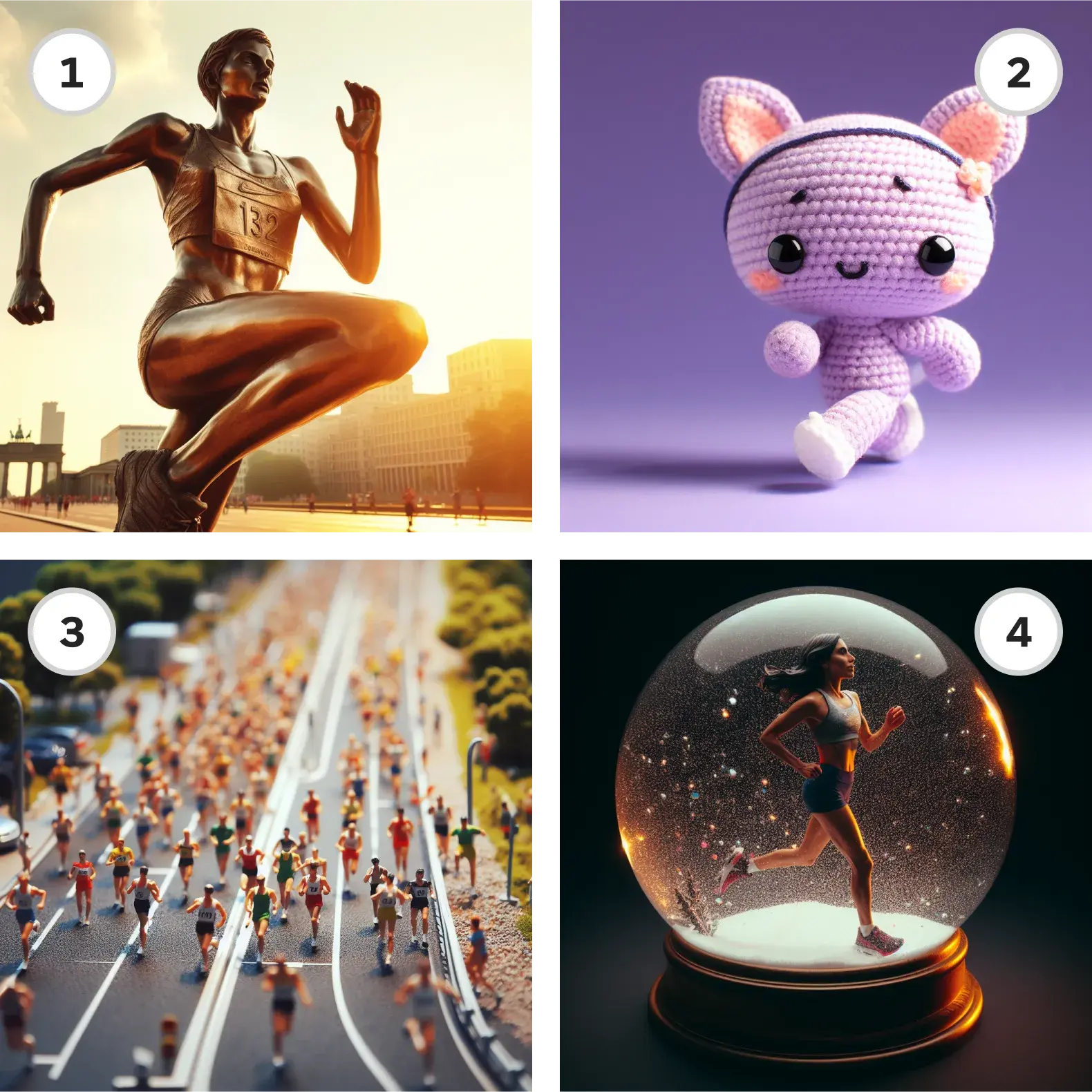 Four different images of runners rendered by using text prompts to indicate different kinds of objects, such as sculpture or crochet.