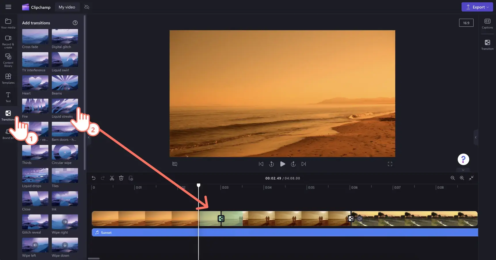 A screenshot of Clipchamp's interface where you can apply transitions