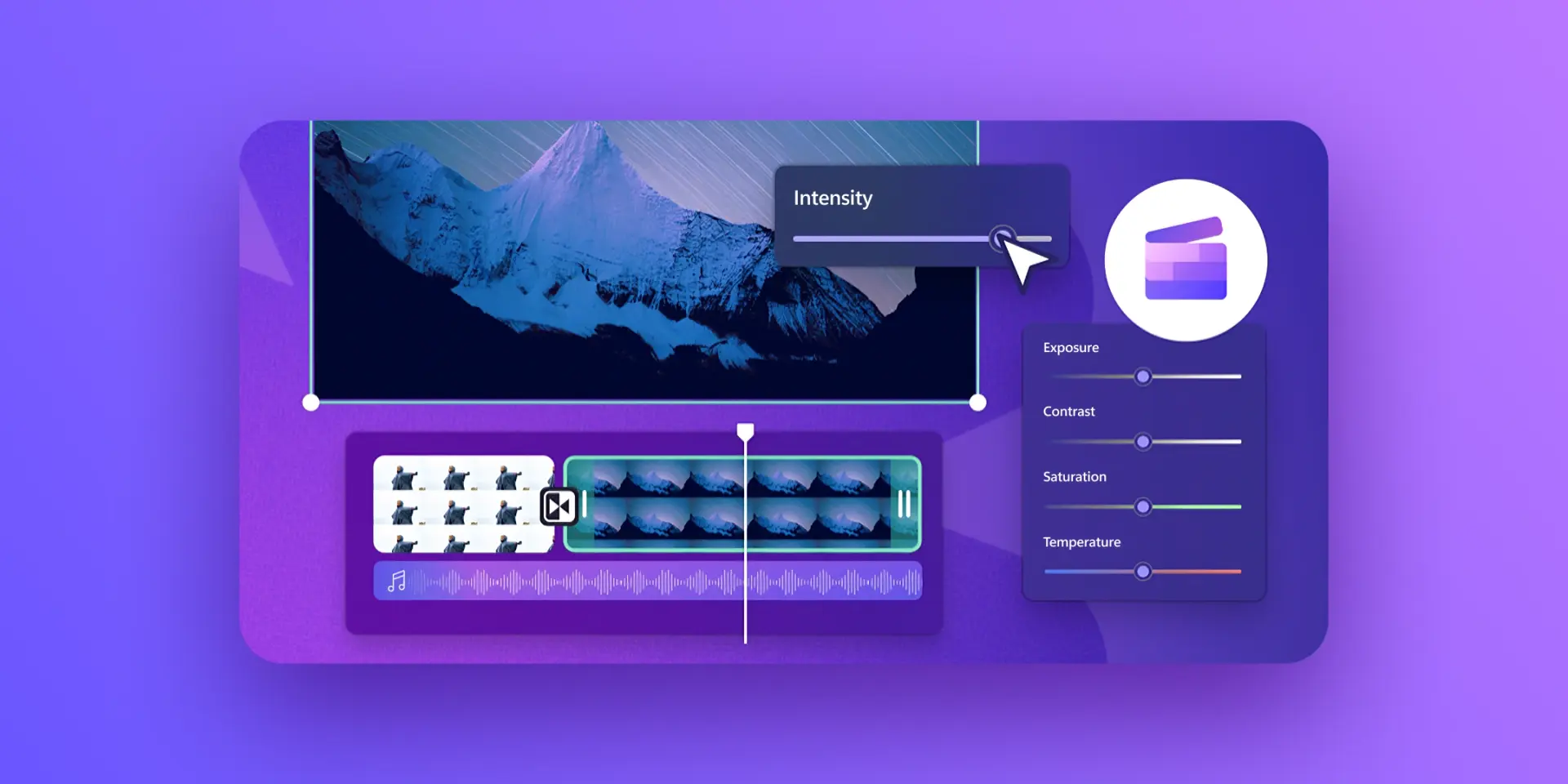 A stylized image of Clipchamp's interface on a purple background