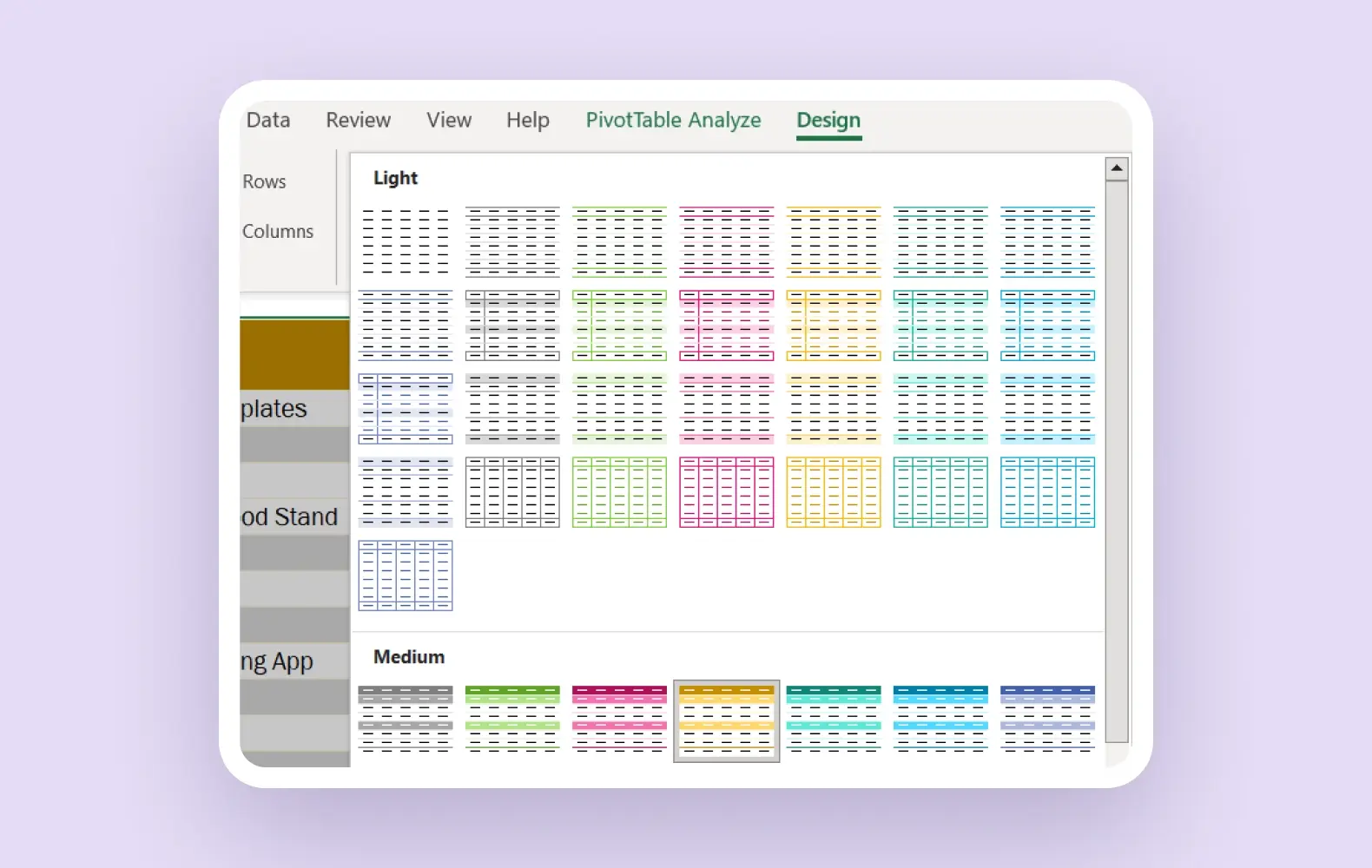 Excel Design view