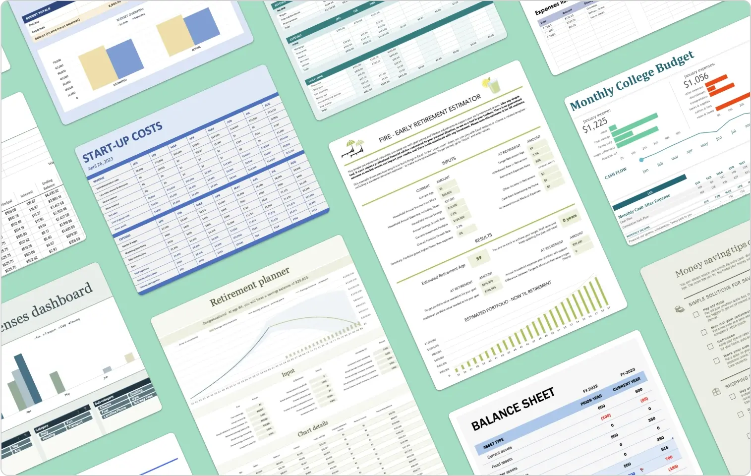 A collage of financial management templates from Microsoft Create. 